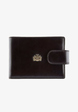 Brown leather wallet with a smooth texture, featuring a gold emblem, a snap closure, and stitched edges. Compact rectangular design.