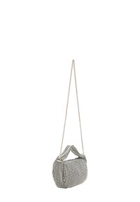 Borsa a scacchi bianca e nera con tracolla in catena, corpo arrotondato e tessuto testurizzato, dotata di chiusura con zip e design a manici doppi.