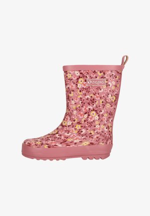 Roze regenlaars met bloemmotief in wit, geel en donkerroze. Glad rubbermateriaal, platte zool met textuur voor grip en een trekband.