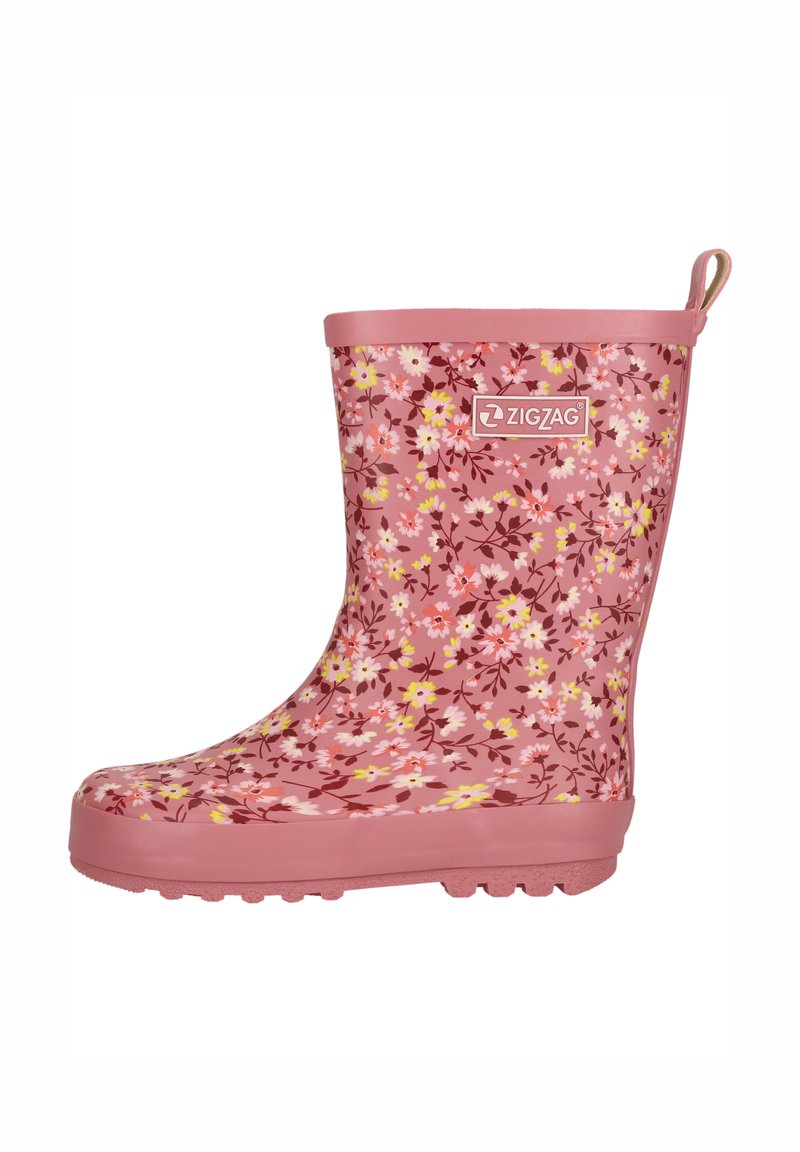 Stivaletto da pioggia rosa con motivo floreale in bianco, giallo e rosa scuro. Materiale in gomma liscia, suola piatta con grip testurizzato e linguetta per il trasporto.