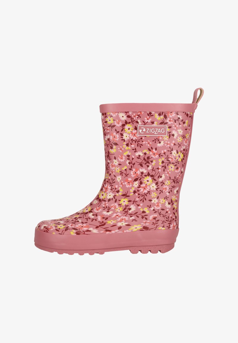 Pink rain boot with floral pattern in white, yellow, and dark pink. Smooth rubber material, flat sole with textured grip, and pull tab.