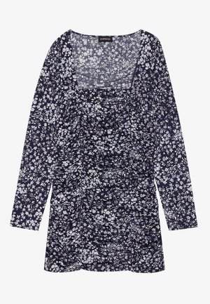 Abito lungo a maniche lunghe di colore navy con un piccolo motivo floreale bianco, dettagli arricciati sul davanti e scollatura ampia a forma di barco. Tessuto morbido con una leggera texture.