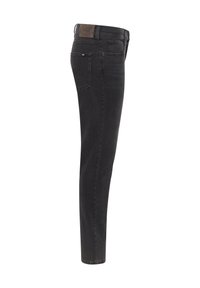 Černé skinny džíny vyrobené z denimu, s vysokým pasem, poutky na opasek a zadní kapsou s jemným švem. Hladký povrch po celé ploše.