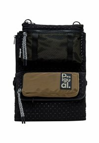 Black backpack with textured patterns, features two zippered compartments, one in mesh and one in smooth fabric, with logo detailing.