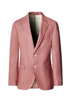 Blazer de lino rosa para hombre a medida, con solapas con muesca, dos botones, bolsillos con solapa y forro interior beige, presentado sobre fondo blanco.