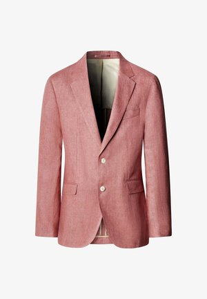 Blazer de lino rosa para hombre a medida, con solapas con muesca, dos botones, bolsillos con solapa y forro interior beige, presentado sobre fondo blanco.