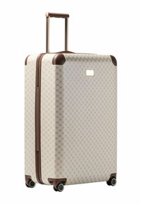 Harde koffer in beige met een diamantpatroon, bruine accenten, uitschuifbare handgreep en vier zwenkwielen voor eenvoudige mobiliteit.