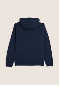 Felpa con cappuccio blu navy, con una finitura texturizzata, polsini elasticizzati e una vestibilità comoda. Tessuto liscio, senza loghi o fantasie visibili.