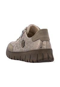 Baskets taupe avec motif géométrique, fermeture éclair sur le côté, col rembourré et semelle épaisse texturée conçue pour le confort et un usage décontracté.