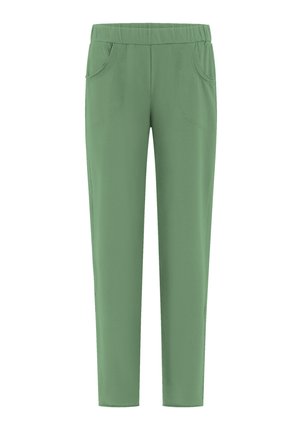Groene, rekbare broek met een elastische tailleband, twee voorzakken en een slanke pasvorm. Soepele textuur, minimale stikseldetails.