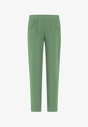 Pantalones verdes, elásticos, con una cintura de banda elástica, dos bolsillos delanteros y un diseño de corte ajustado. Textura suave, detalles mínimos de costura.