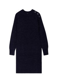 Robe-pull en tricot bleu marine avec un col rond, des manches longues et des boutons décoratifs sur l'épaule ; texturée avec une légère brillance.