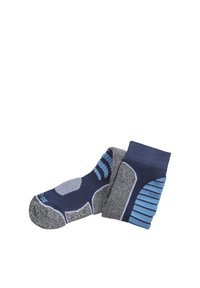 Blue and gray patterned socks with textured grips, ribbed cuffs, and reinforced toes, featuring varying shades of blue and gray.