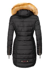 Black insulated parka with a faux fur-trimmed hood, quilted design, gold zippers on sleeves, and a logo patch near the hem.
