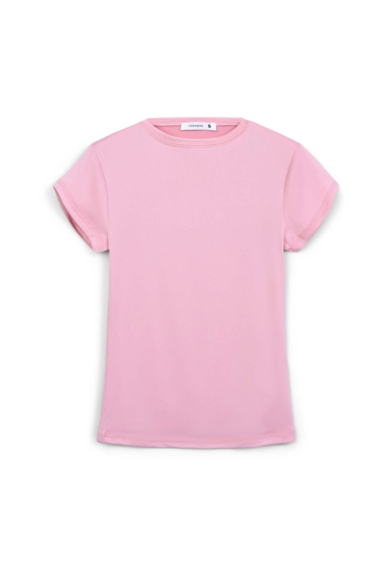 T-shirt in cotone rosa a maniche corte con scollatura rotonda classica e vestibilità rilassata, caratterizzato da dettagli di orlo cuciti. Etichetta della taglia "S" visibile.