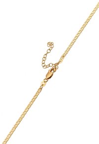 Collana a catena color oro con anelli intrecciati, dotata di chiusura a moschettone e sezione della catena regolabile per variazione della lunghezza.