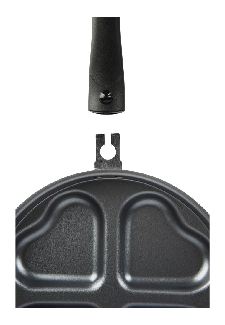 Anti-aanbak koekenpan met een gestructureerd zwarte oppervlakte. Beschikt over een afneembare handgreep met een ronde bevestigingsplaats.