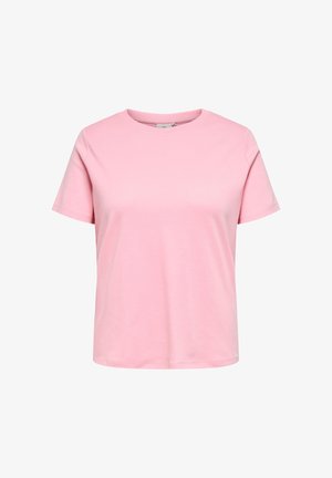 T-shirt di cotone rosa chiaro con maniche corte, scollo rotondo e vestibilità comoda. Tessuto liscio, senza motivi o dettagli visibili.