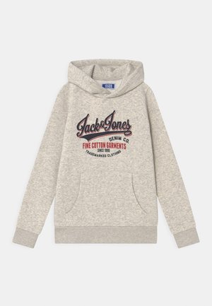Sweatshirt à capuche grise en coton avec une poche kangourou à l'avant. Doté d'un logo avec du texte en bleu et rouge sur la poitrine.