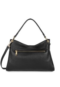 Borsa in pelle nera con una texture morbida, una parte superiore arrotondata e una tasca frontale con zip. Caratterizzata da hardware dorato e una tracolla removibile.