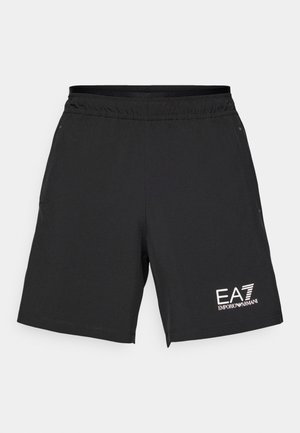 Czarne szorty sportowe wykonane z lekkiego materiału, z elastycznym paskiem w talii. Posiadają białe logo EA7 na dolnej prawej stronie.