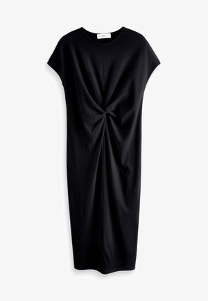 Melns kokvilnas kleita ar īsām piedurknēm, kurai centrā ir pagriezta mezgla detaļa, taisna silueta un ceļa garuma apmale.