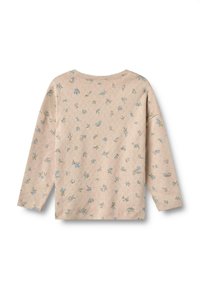 Maglione a maniche lunghe beige con ricami floreali in blu e verde. Presenta una vestibilità rilassata e un tessuto testurizzato. Collo rotondo, arriva fino ai fianchi.