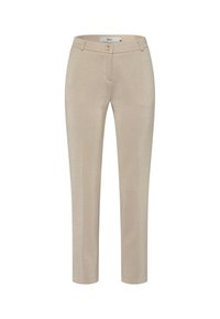 Beige, glitzernde Stoffhose mit schlanker Passform, geraden Beinen und einem Standardbund mit vorderem Knopf und Reißverschluss.