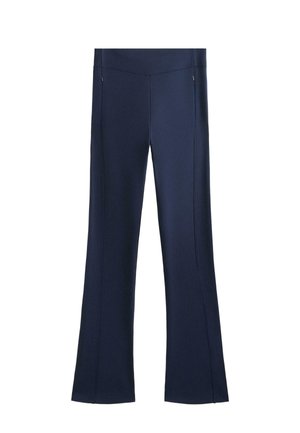Nautičko plave hlače širokog kroja, izrađene od glatkog tkanja; sadrže diskretne šavove i dva prednja džepa na patentni zatvarač.