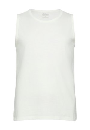 Biały bezrękawnik bawełniany z okrągłym dekoltem, gładkim wzorem i metką marki wewnątrz kołnierza.