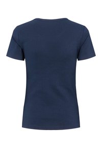 Marineblå, kortærmet ribstrikket t-shirt med rund hals, vist bagfra på en hvid baggrund.