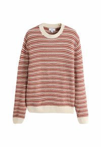 Red and cream striped knit sweater with a crewneck design and ribbed cuffs and hem. Features a textured pattern with alternating colors.