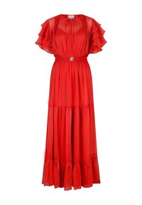 Rode maxi-jurk met een gelaagde rok, ruches aan de mouwen en een ceinture met een accent van goudkleurige hardware. Gemaakt van lichtgewicht, vloeiend materiaal.
