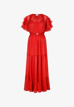 Rode maxi-jurk met een gelaagde rok, ruches aan de mouwen en een ceinture met een accent van goudkleurige hardware. Gemaakt van lichtgewicht, vloeiend materiaal.