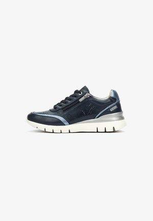 Navy blue leather sneaker with perforated detailing, metallic accents, side zip closure, and white rubber sole; modern design with layered textures.