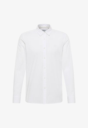 Biała koszula z długim rękawem z bawełny, z kołnierzykiem zapinanym na guziki, z przodem zapinanym na guziki i subtelnym logo na lewej piersi.