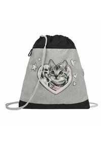 Schnurzugtasche aus grauem Stoff mit schwarzem Boden. Sie zeigt eine Katzenillustration in einem Herz mit einer Perlenkette, akzentuiert durch Sterne und Herzen.