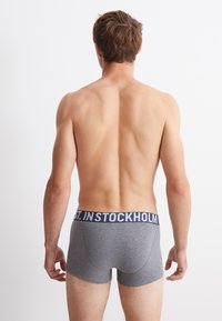 Slip boxer in cotone grigio con cintura logo blu navy, che mostrano una vestibilità aderente e una texture liscia, viste dal retro su uno sfondo neutro.