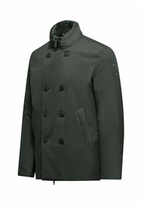 Cappotto doppiopetto verde scuro con colletto alto, dotato di grandi bottoni, tasche laterali e una texture liscia. Include una chiusura con zip.