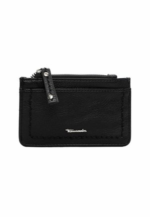 Portefeuille en cuir noir avec compartiment zippé, texture lisse, coutures détaillées, ferrures argentées et logo embossé sur le devant.