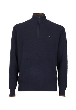 Marineblauer Pullover mit einem Halbzip-Kragen, strukturiertem Muster und einem kleinen goldenen Logo. Gerippte Bündchen und Saum in einer kontrastierenden Farbe.