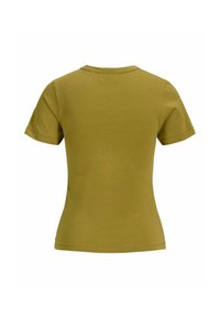 Tričko s krátkým rukávem v olivově zelené barvě z bavlny. Má klasický kulatý výstřih, hladkou texturu a přiléhavý střih. Žádné viditelné vzory nebo akcenty.