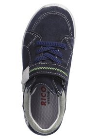 Blue suede shoe with textured grey accents, round toe, adjustable strap, and navy laces. White rubber sole with green stitching detail.