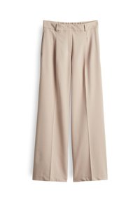 Beige wijde broek van een gladde, lichte stof, met een hoge taille en plooien aan de voorkant voor extra ontwerpdetaillering.