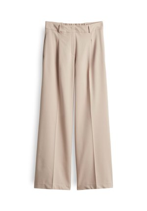 Beige weit geschnittene Hose aus glattem, leichtem Stoff, mit hoher Taille und frontalen Falten für zusätzliche Designdetails.