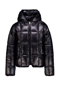 Zwarte gewatteerde jas met een glanzend, gestikt oppervlak, voorzien van een capuchon en een rits aan de voorkant. Het heeft lange mouwen en een elastische zoom.