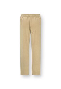 Beige fleece broek met een gladde textuur, elastische tailleband en rechte snit. Geen patronen of hardware-details zichtbaar.