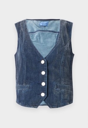 Jeans jopica v temno modri barvi z V-izrezom, petimi belimi gumbi z logotipom "G" in sprednjimi žepi. Gladka tekstura in brezrokavni dizajn.