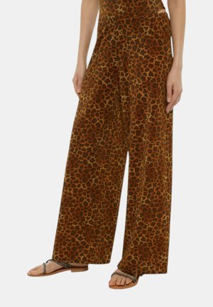 Pantaloni wide-leg con stampa leopardata in una combinazione di colori marrone e nero, caratterizzati da una vestibilità rilassata e un tessuto dalla texture morbida.