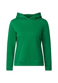 Grön hoodie i mjukt material, med avslappnad passform, långa ärmar och en sömnad i nederkant. Inga synliga mönster eller detaljer.